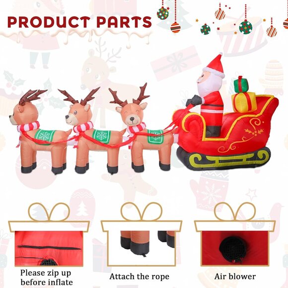 ⚡12FT Christmas Inflatable Santa Claus Sleigh Reindeer Outdoor Decoration - Picture 4 of 7